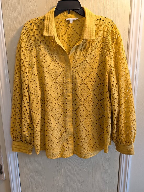 Chico's Tops - Chico’s Gold Eyelet Button-Down Blouse – Size 4 (US 20/22 XXL) | 100% Cotton